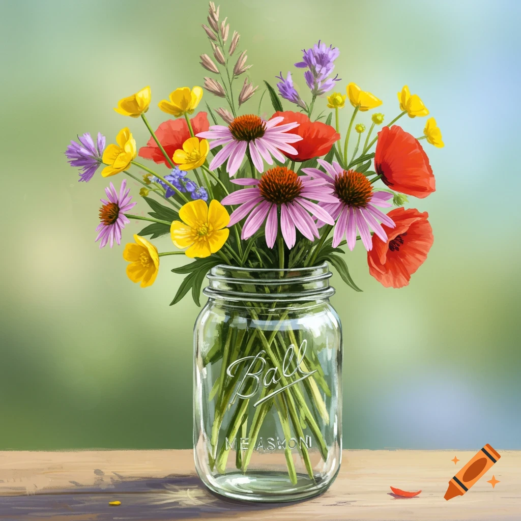 a bouquet of colorful wildflowers in a glass jar on a wooden table.