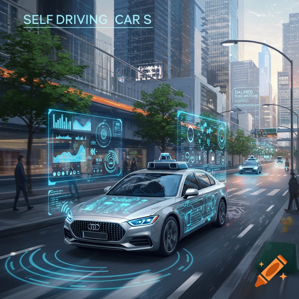 A futuristic self-driving car with augmented reality displays drives through a city street.