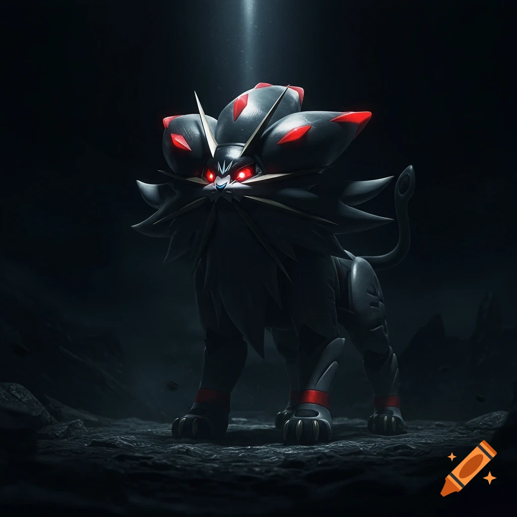 A dark type Solgaleo-like creature with glowing red eyes in a shadowy, rocky environment.