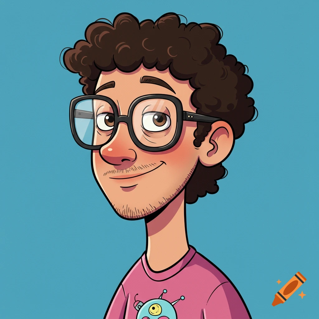 Cartoon headshot of a nerdy guy with curly dark hair and glasses.