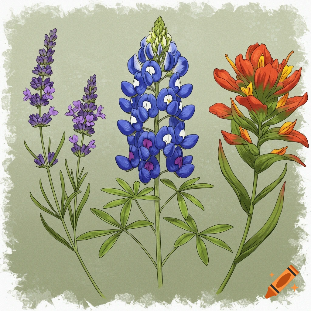 Illustration of lavender, bluebonnet, and Indian paintbrush flowers on a green background.