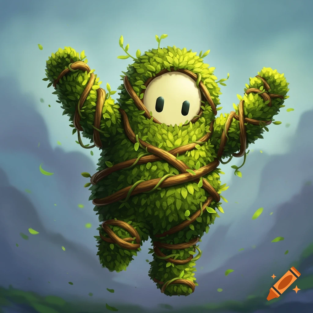 A Fall Guys character covered in green leaves and vines, floating in the air.