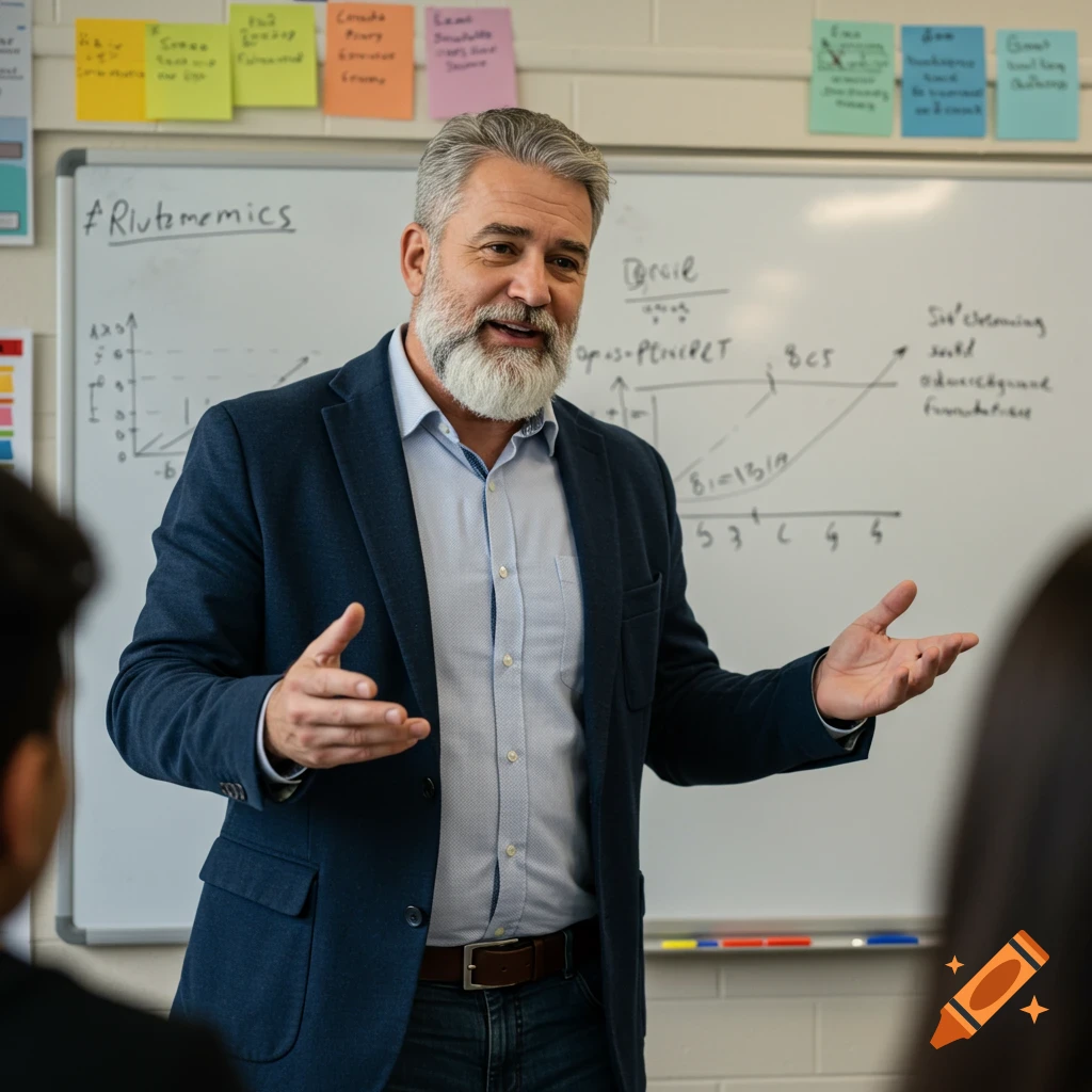 Teacher talks in front of a whiteboard in a classroom.