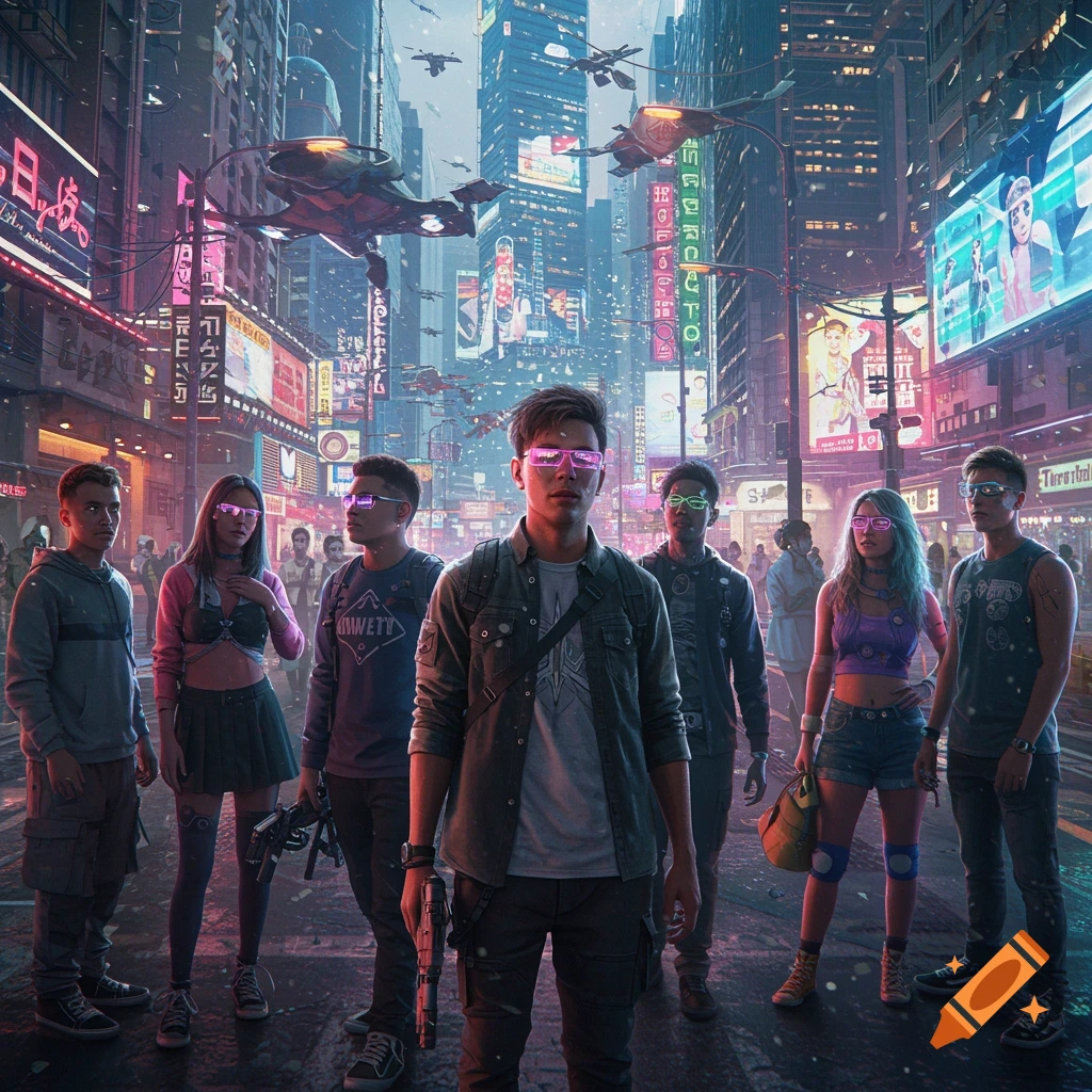 A diverse group of young people wearing goggles in a futuristic cyberpunk city street with neon signs and flying vehicles.