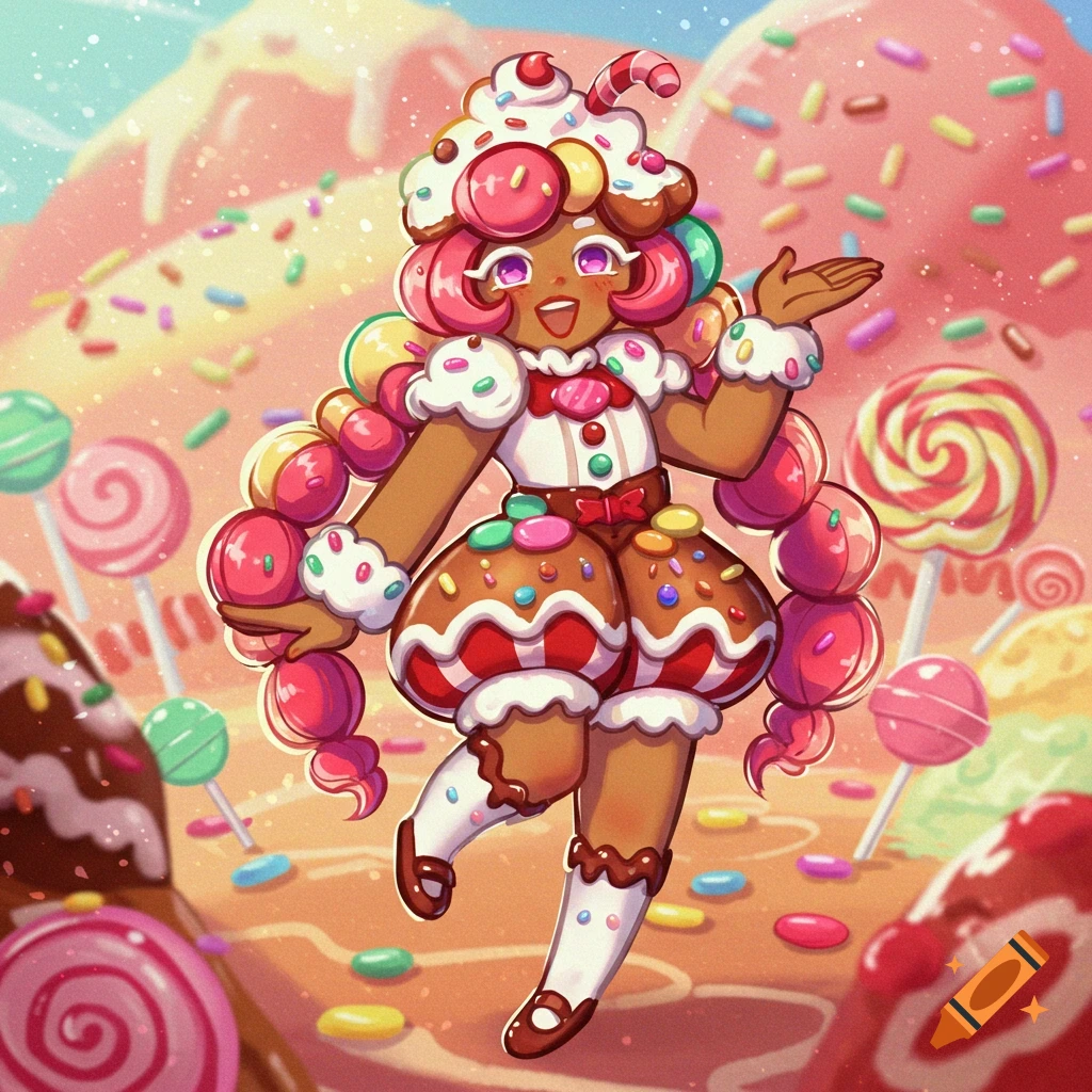 A cookie character in a candy landscape
