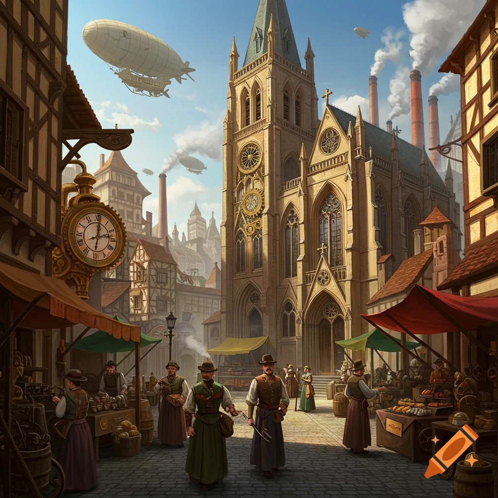 a bustling steampunk city street with market stalls, people, a large church, and airships in the sky.