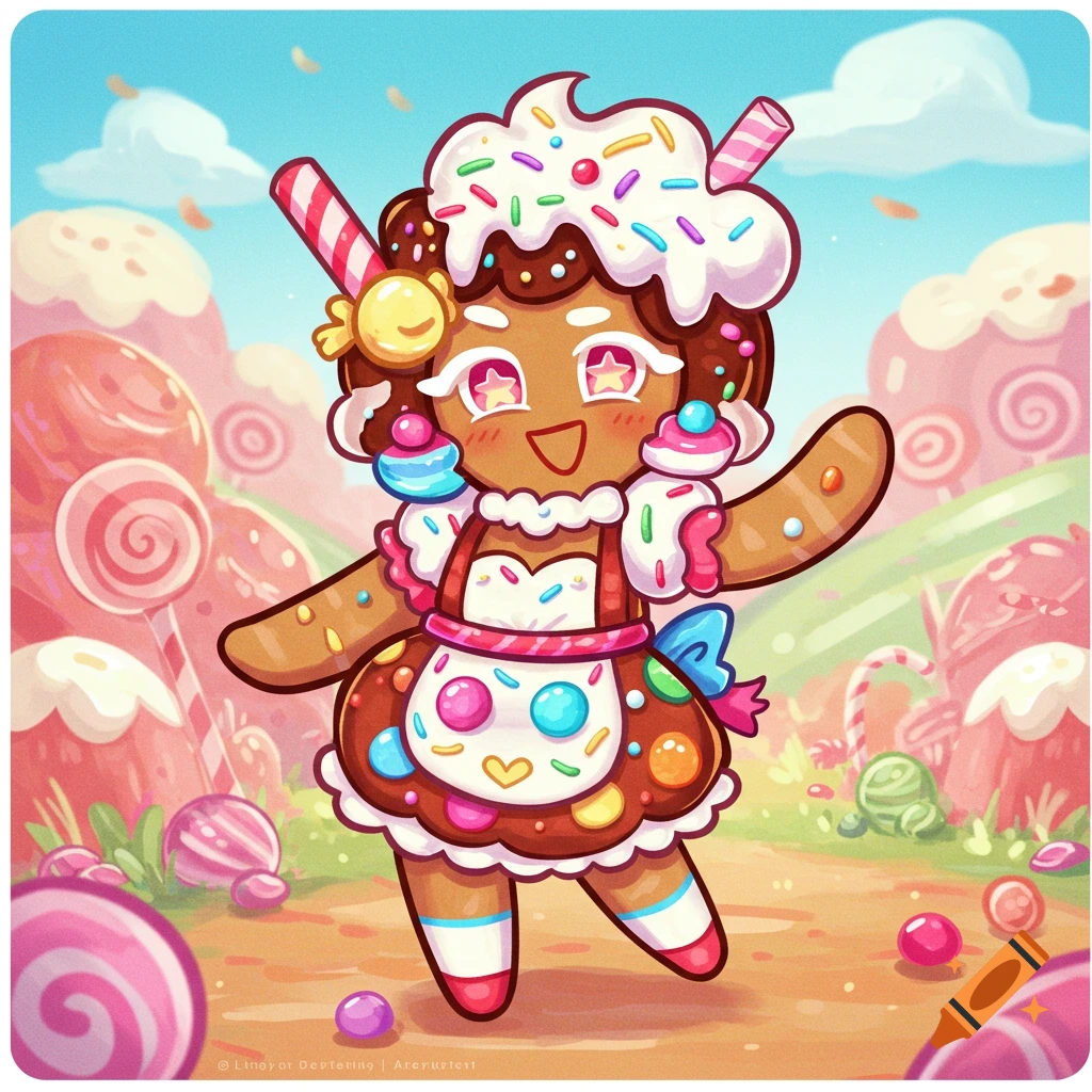 Cartoon cookie character with sprinkles and apron stands in a bright candy landscape.