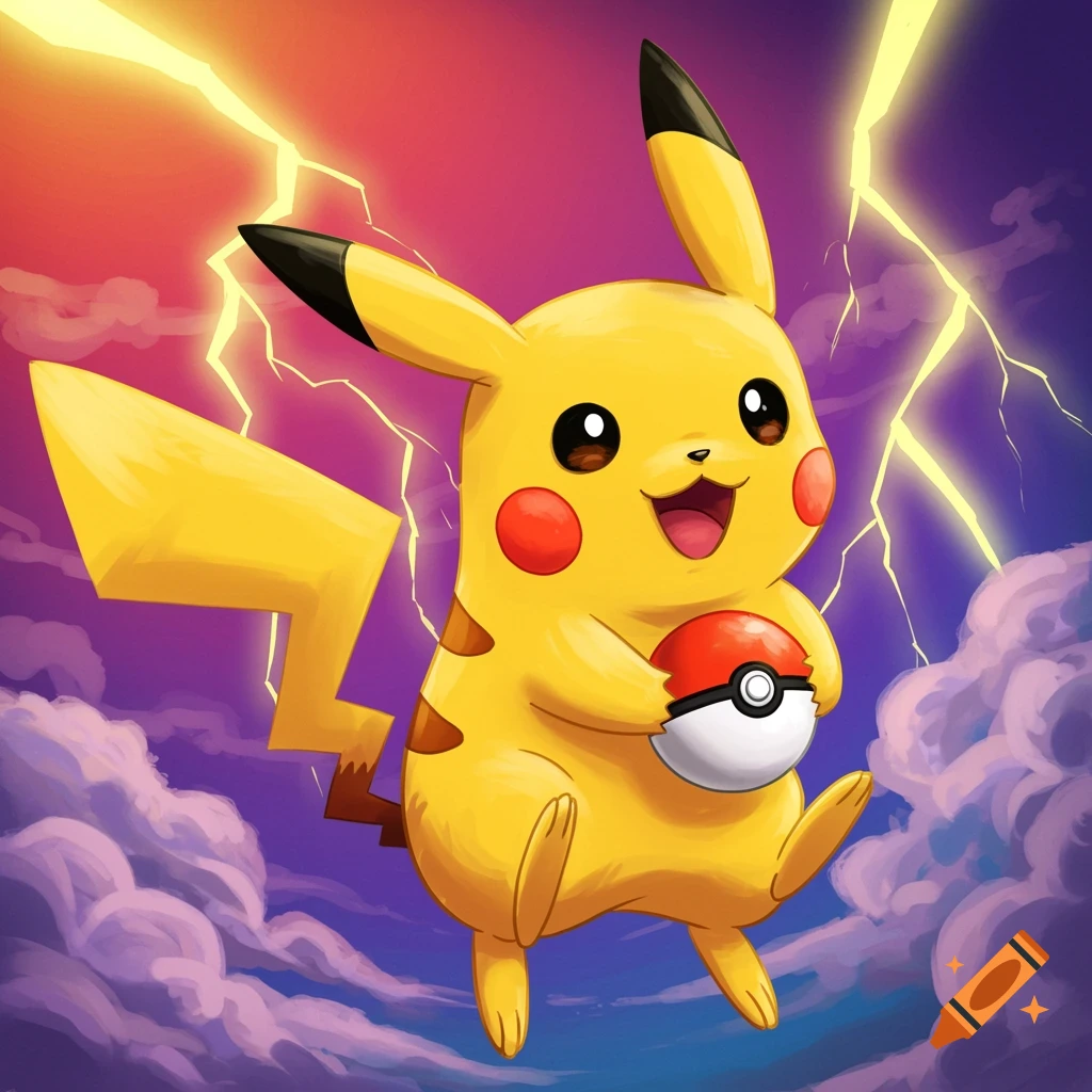 Pikachu holding a Poke Ball amidst lightning and clouds.