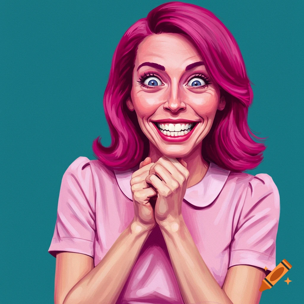 A wide-eyed woman with pink hair, a big grin, and clasped hands, evoking the 'it's fine' meme.