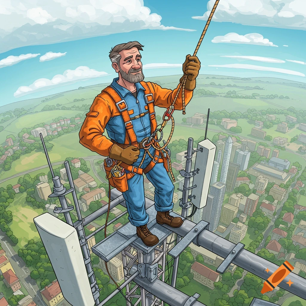 Illustration of a man working on a cellular tower overlooking a city and landscape.
