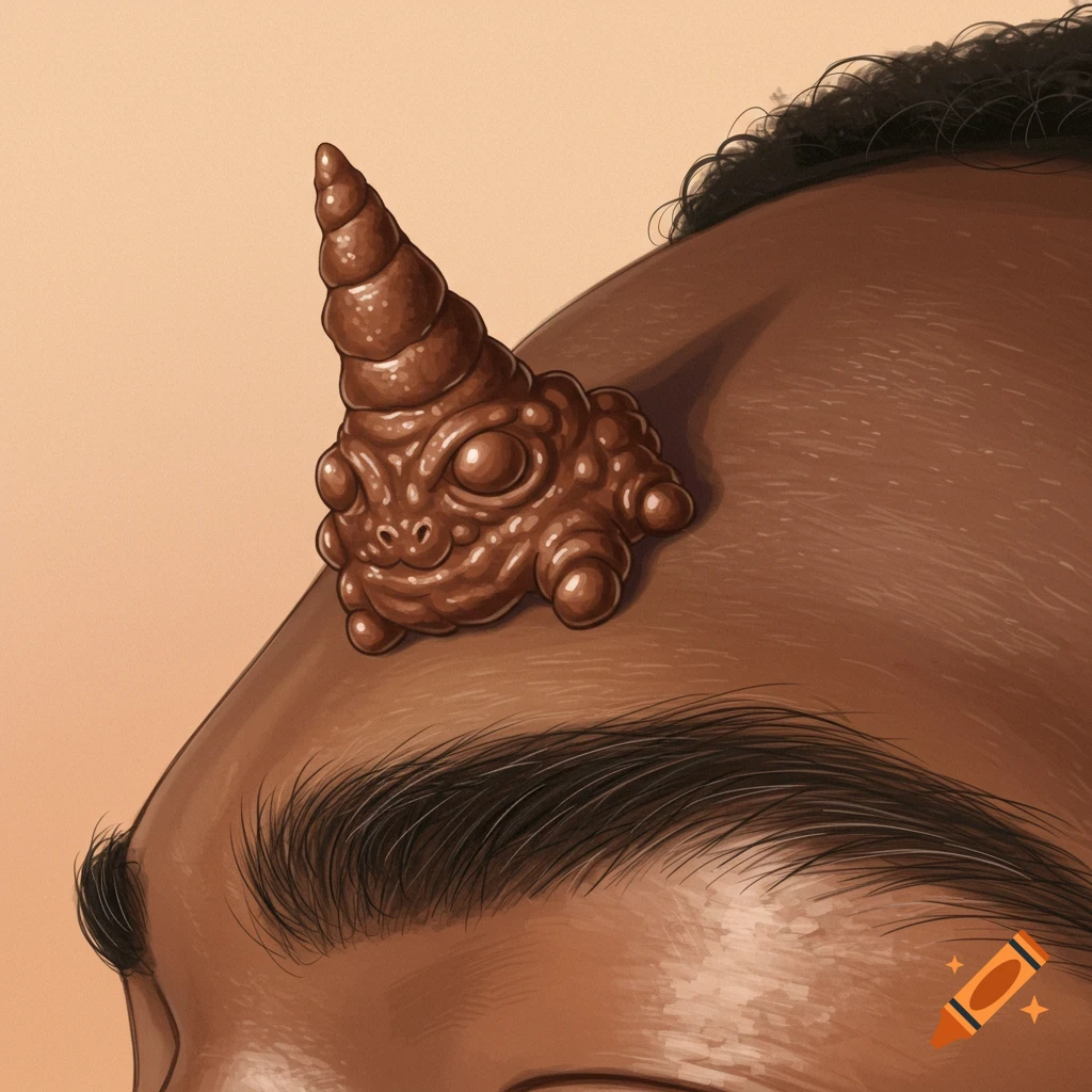 A small brown creature with horns is on a person's forehead.