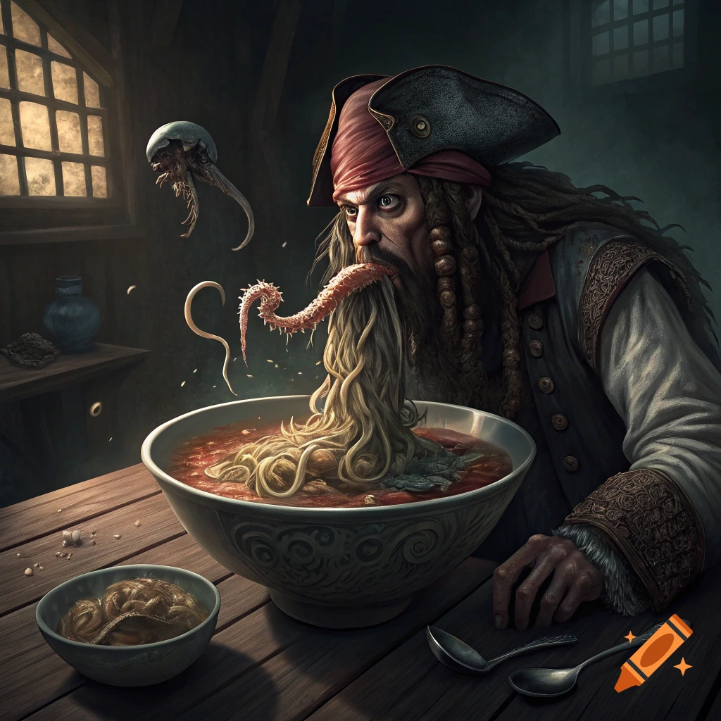 A pirate-like figure with a tentacle tongue eats from a giant bowl of noodles, with a floating creature nearby.