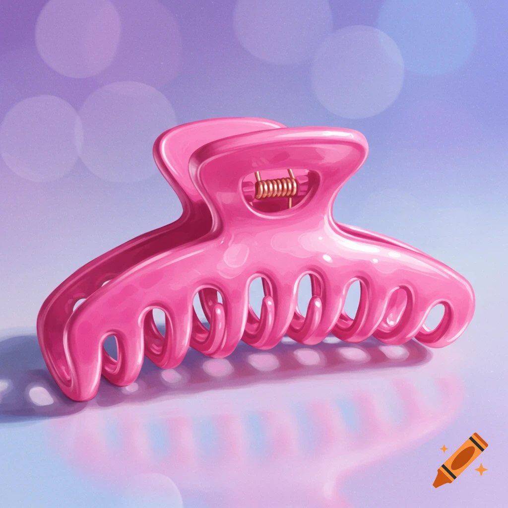 A bright pink hair claw clip sits on a reflective surface.