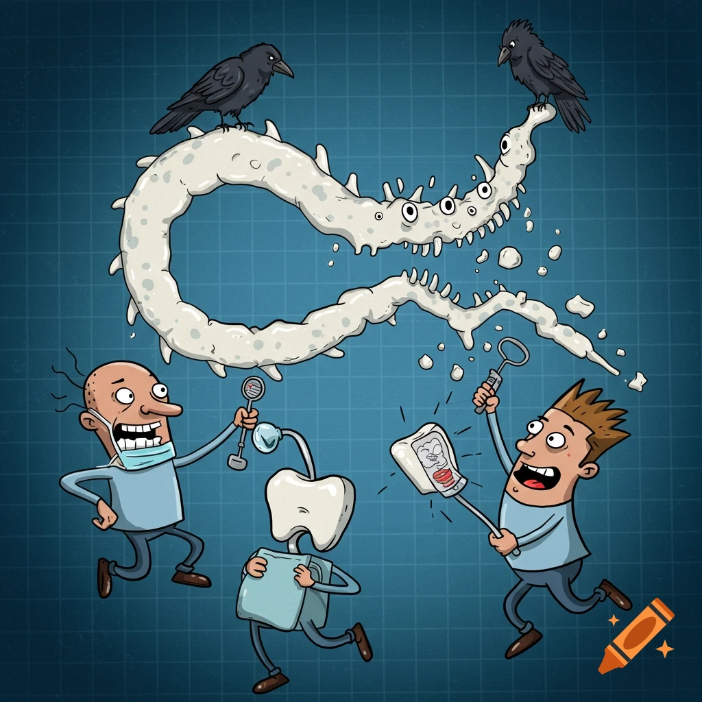 Cartoon dentists battle a large plaque monster with dental tools while two crows perch on it, against a grid background.