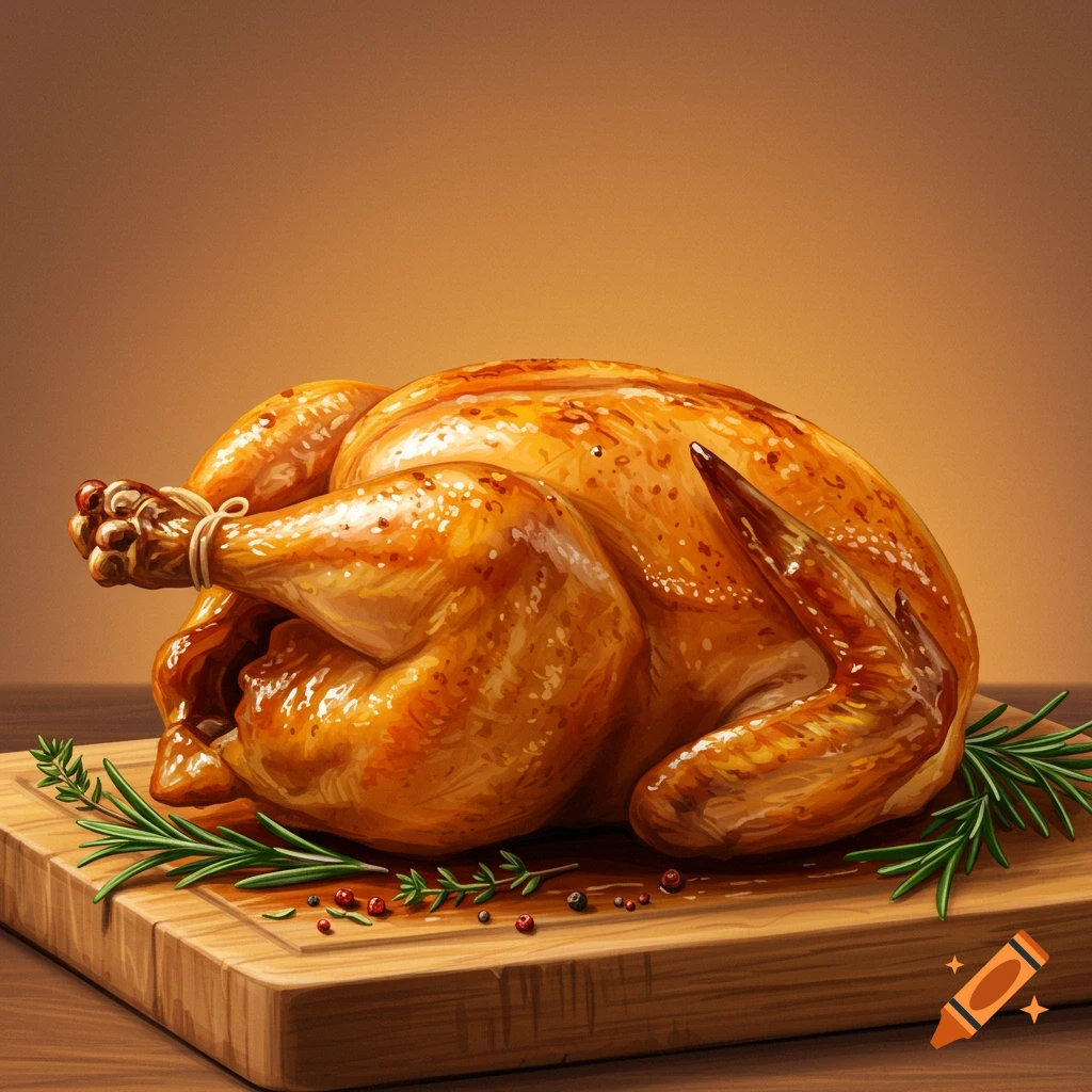 A roasted chicken on a cutting board with herbs.