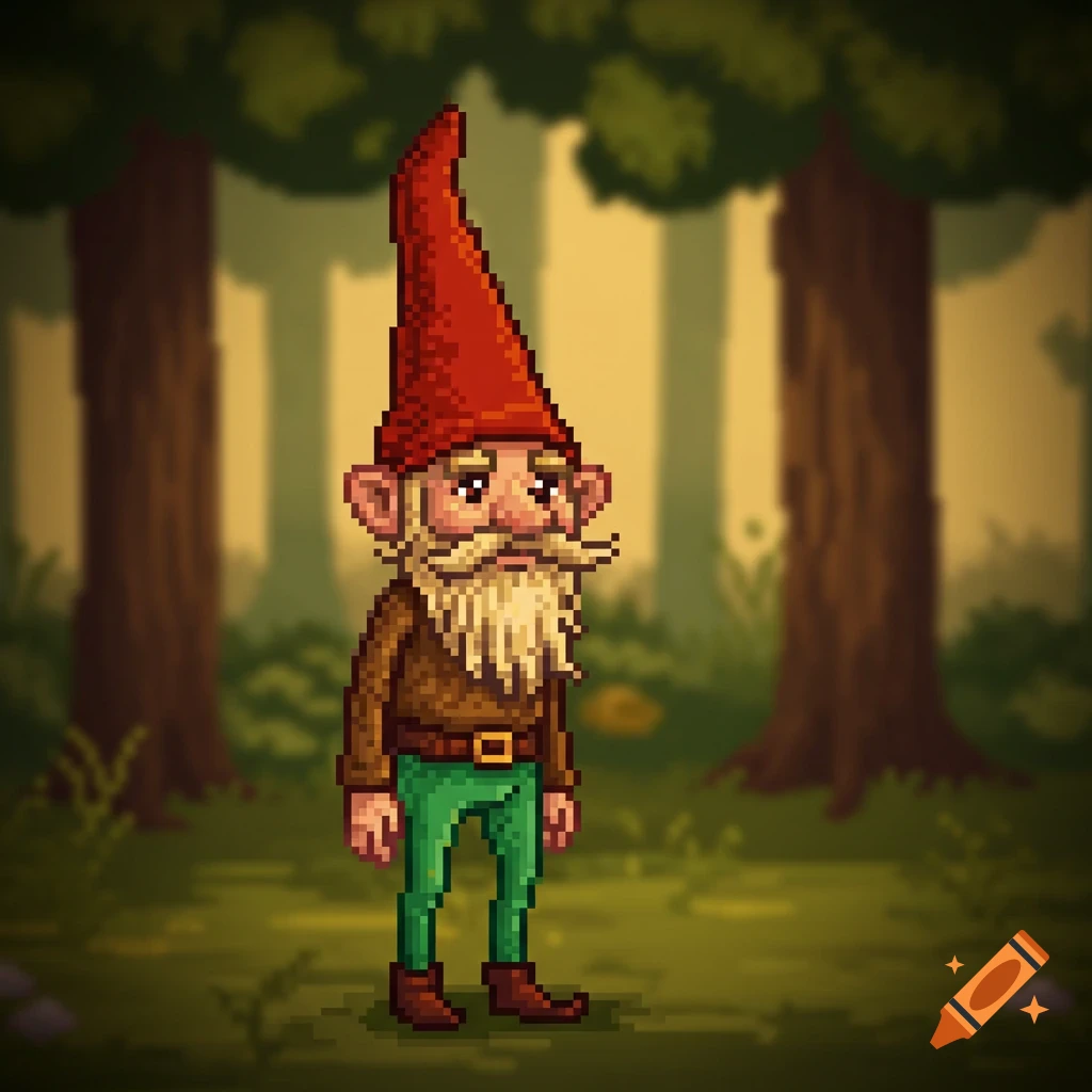 Pixel art of a skinny gnome with a red hat and beard standing in a forest.