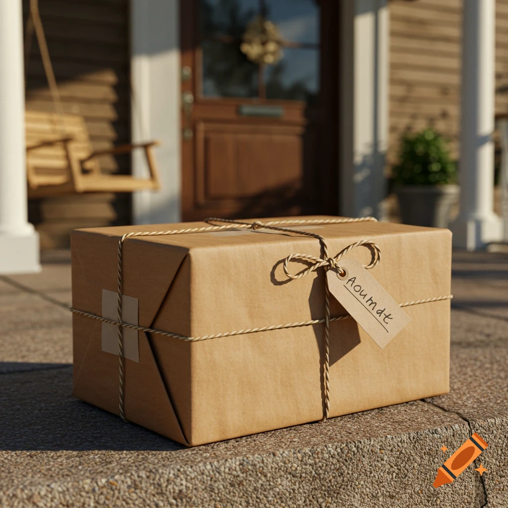 A brown paper-wrapped package tied with string and a tag sits on a concrete doorstep in front of a house.