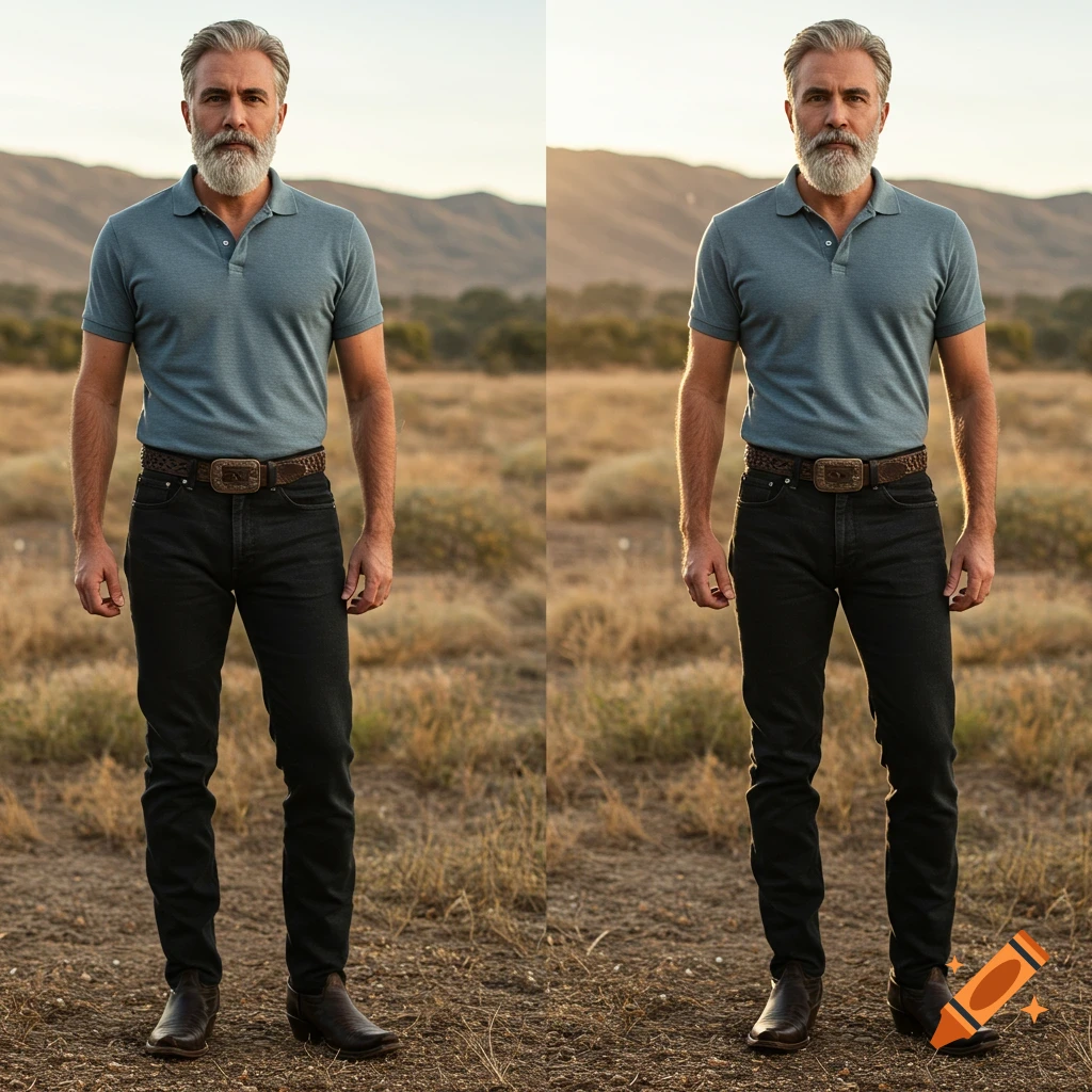 A man wearing a polo shirt, black jeans, belt, and boots stands in a grassy landscape.