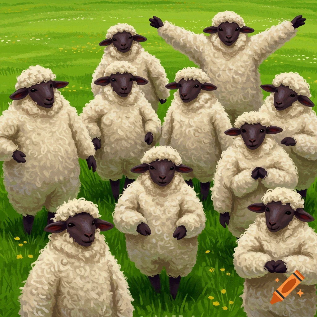 A group of upright sheep stands in a green field, one with arms raised.