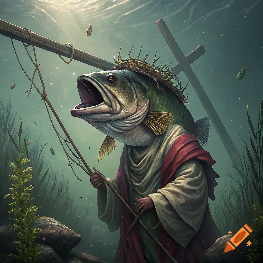 A largemouth bass wearing a crown of thorns and a robe, holding a fishing rod underwater near a cross.