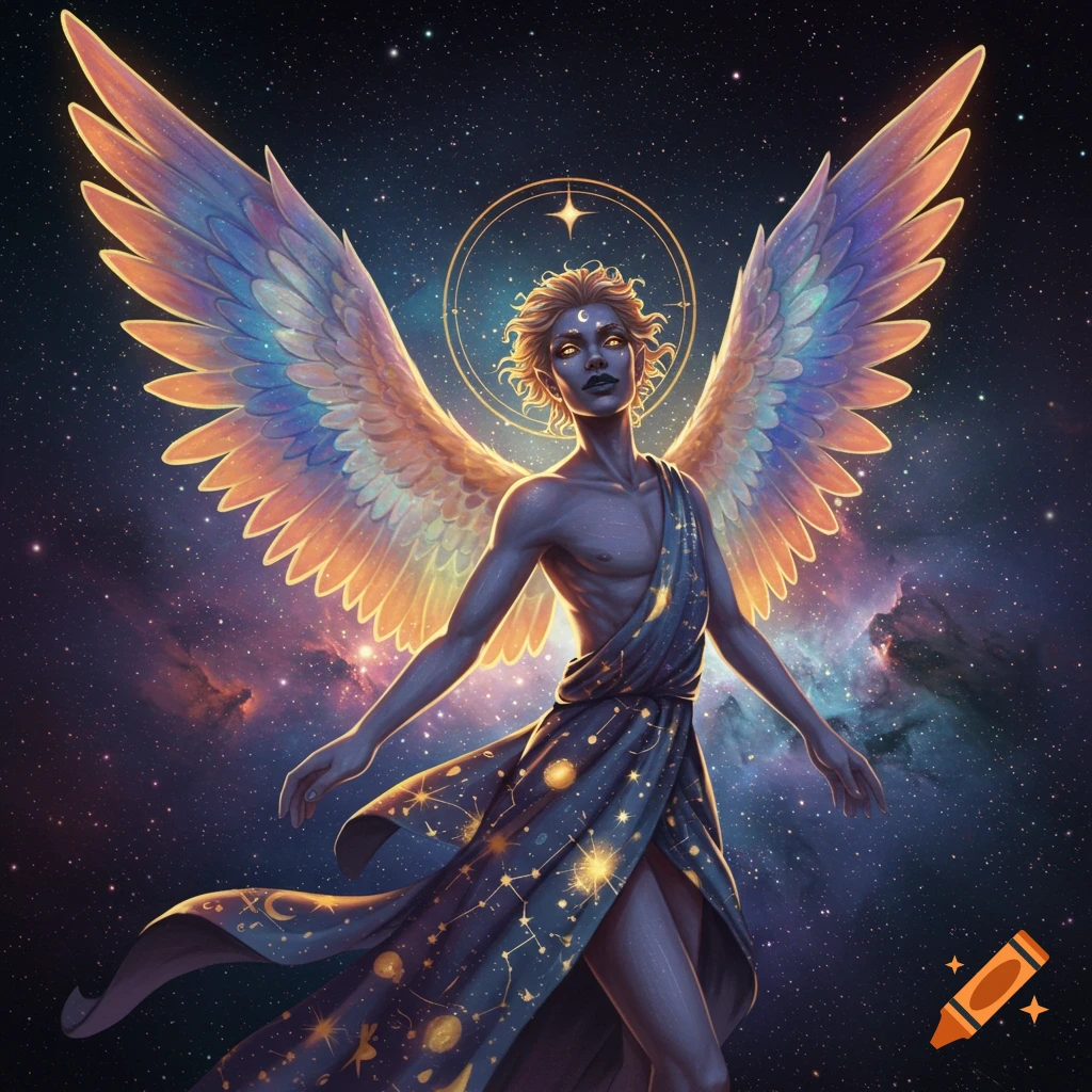 A celestial being with colorful wings and a starry robe floating in deep space.
