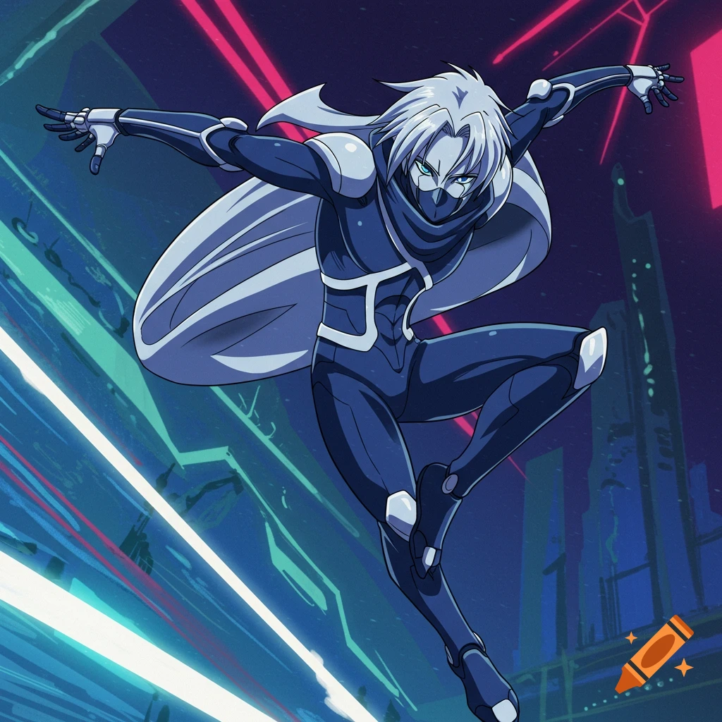 Anime-style futuristic ninja android leaping in front of a neon cityscape background.