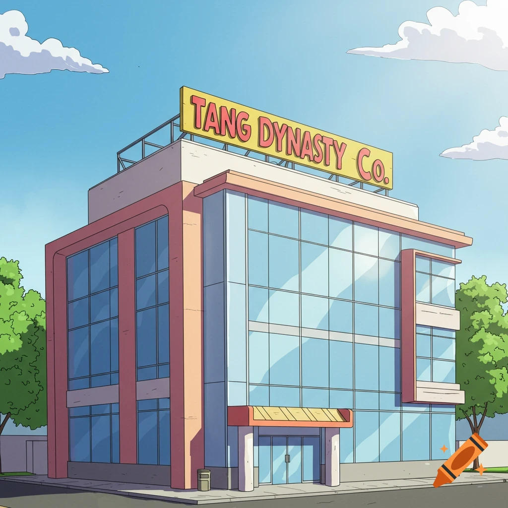 A cartoon modern office building with a sign reading 'TANG DYNASTY CO.' on top.