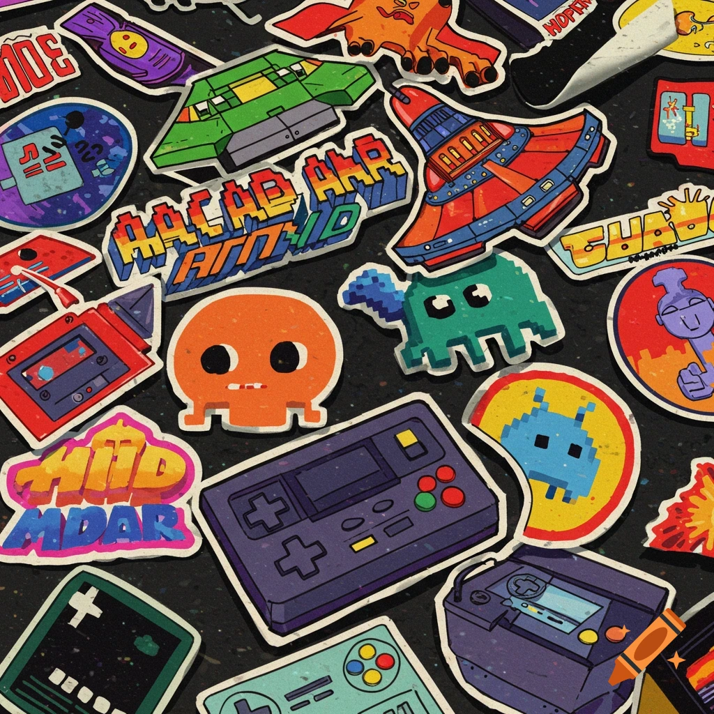 A scattering of colorful stickers with retro arcade and gaming themes