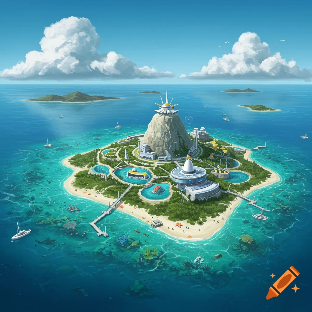 A futuristic research and eco-tourism base on a tropical island, surrounded by clear blue water and coral reefs.