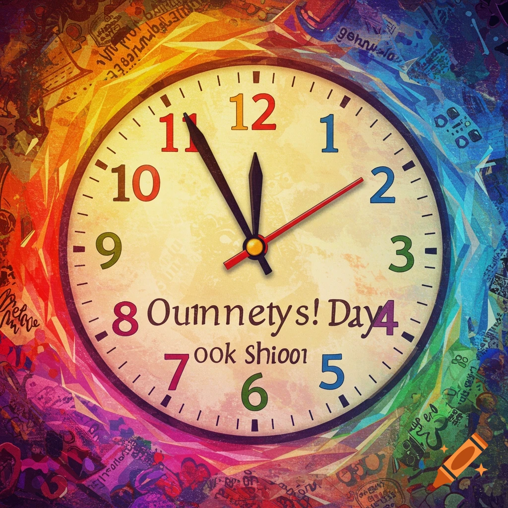 A colorful clock face with hands pointing near midnight, surrounded by abstract patterns and colors.