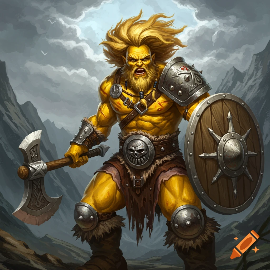 A yellow barbarian is wielding an axe and shield in a mountain landscape.