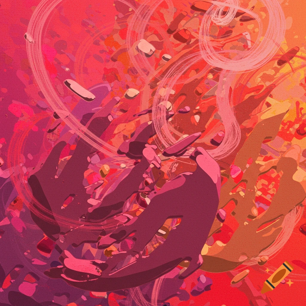 Abstract in shades of red, orange, and purple with swirling white strokes.