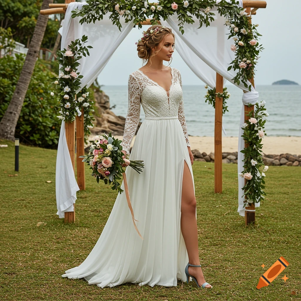 A woman in a white wedding dress holding a bouquet stands by an arch on a beach.