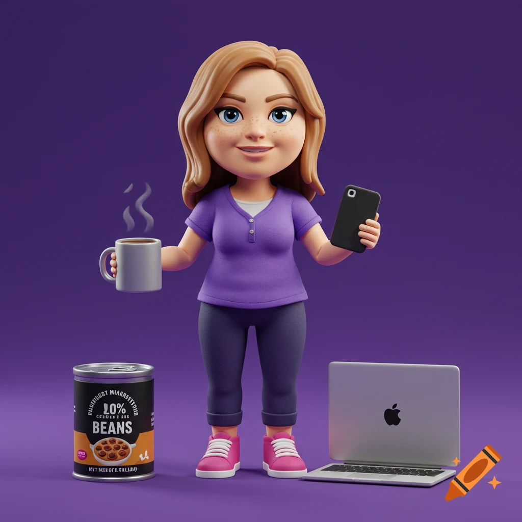 Stylized 3D rendering of a woman figure holding coffee and phone next to a can of beans and laptop on purple background.