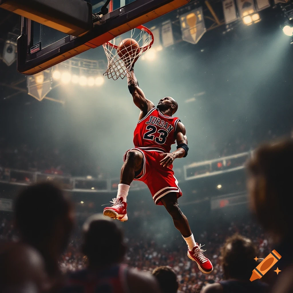 Michael Jordan in a red Bulls jersey dunks a basketball in a realistic style.