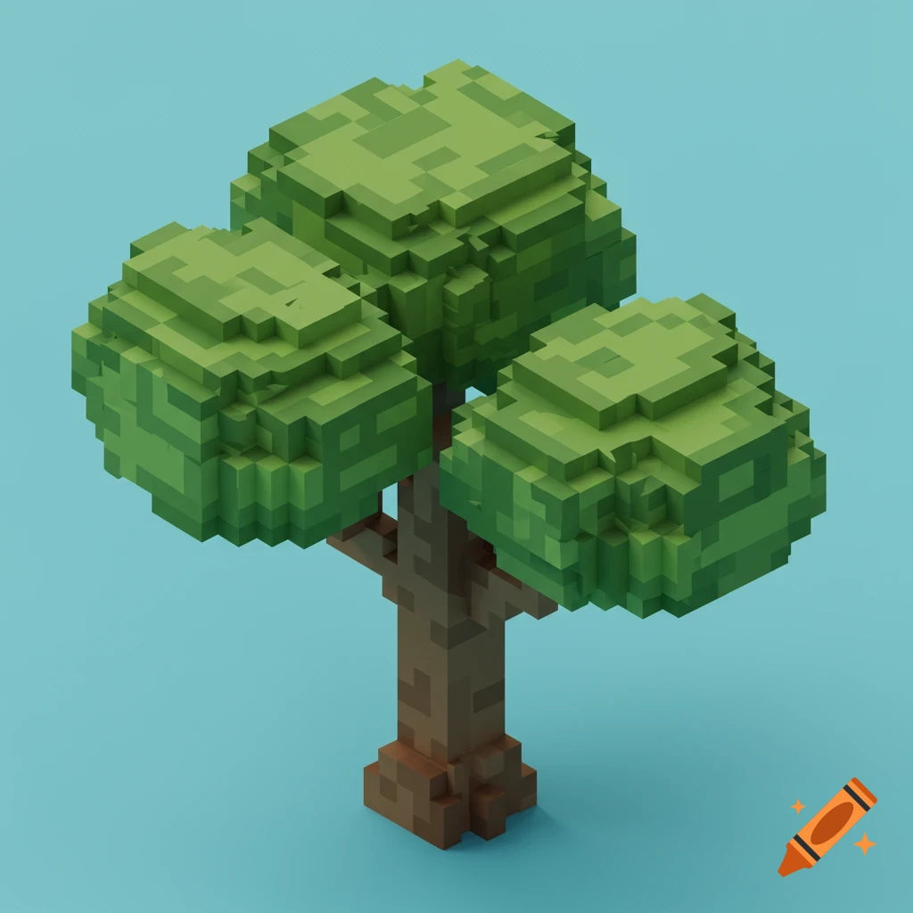 Isometric pixel art tree against a blue background