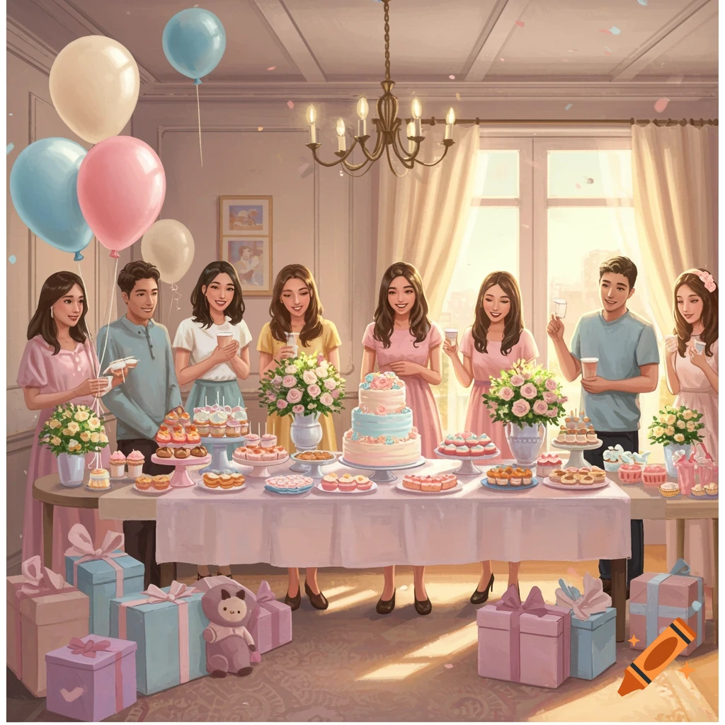 A family and friends are celebrating a baby shower with cake, gifts, and balloons.