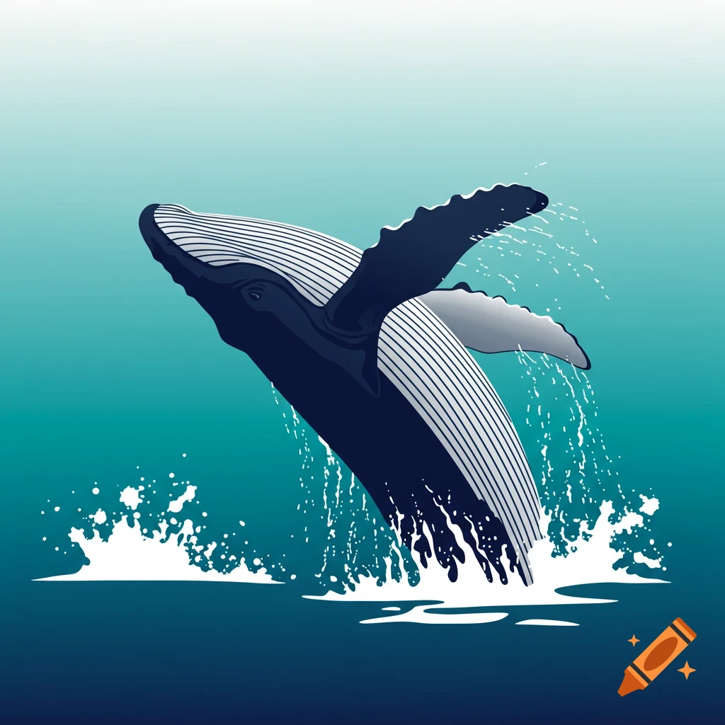 A dark blue humpback whale with white stripes breaches from the water in a vector graphic illustration.