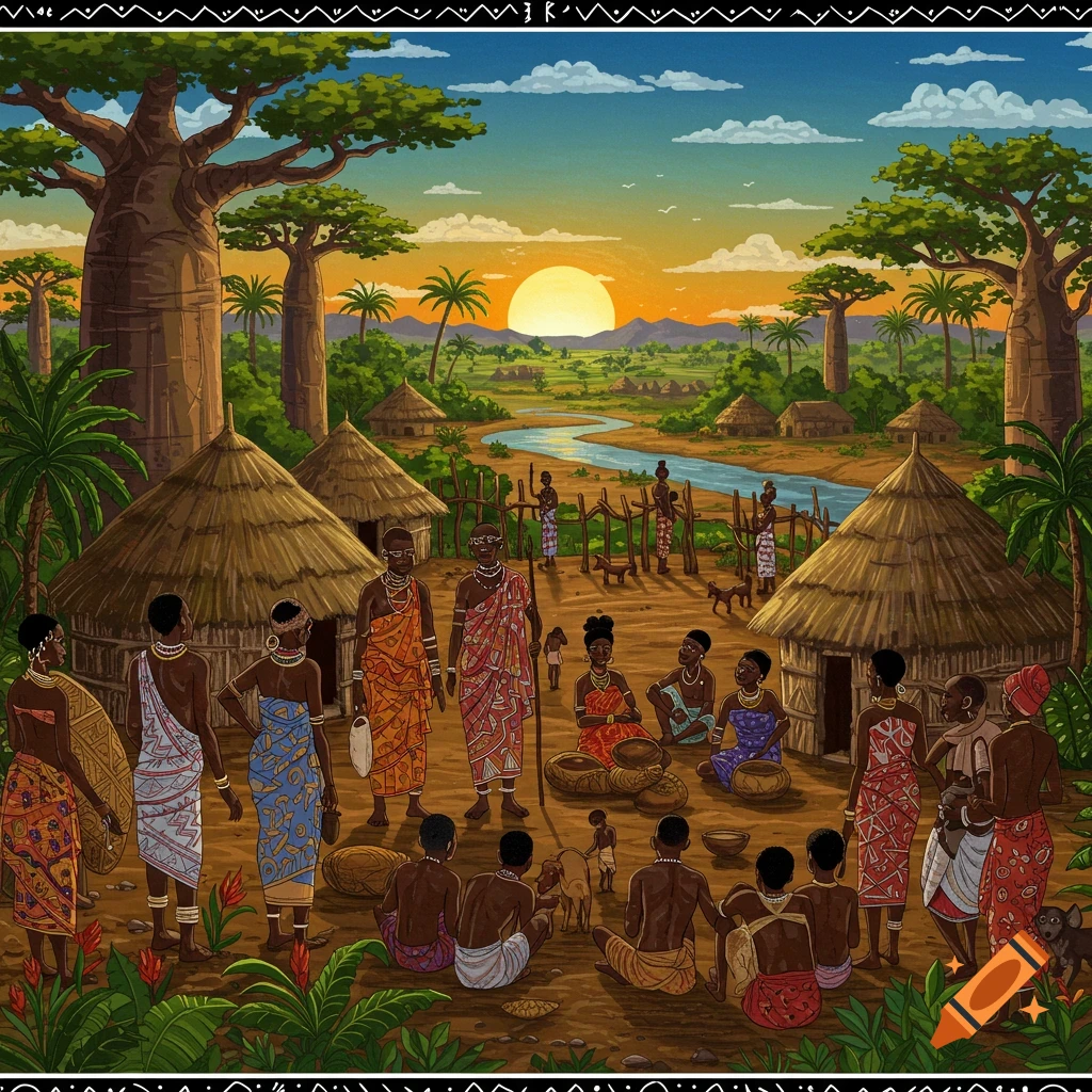 An African village at sunset with people, huts, baobab trees, and a river.