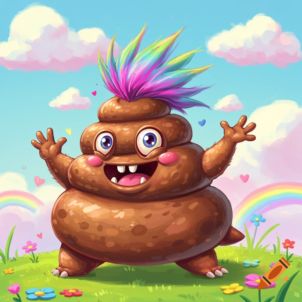 A colorful, smiling cartoon poop monster with spiky rainbow hair stands in a grassy field with rainbows and flowers under a cloudy sky.