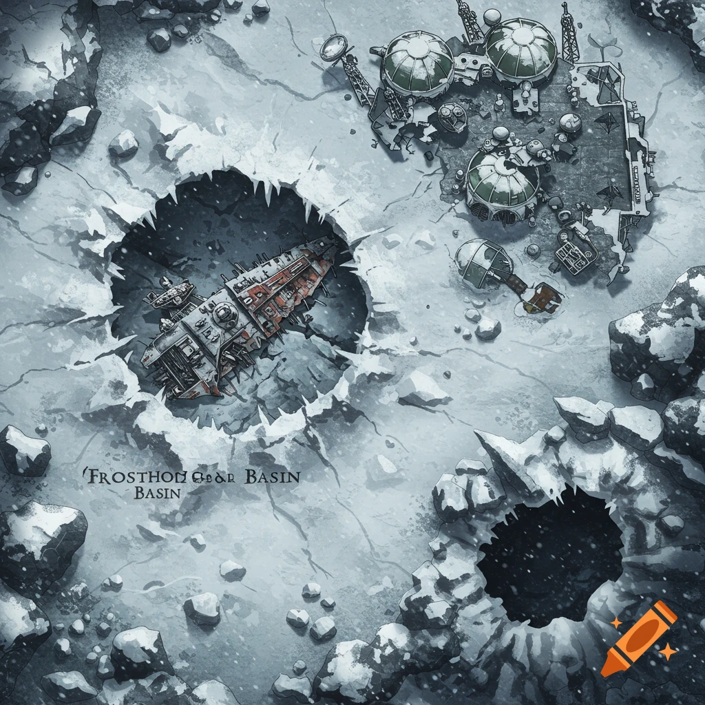 Top-down map of a snowy alien moon with a crashed spaceship in a crater and a base nearby.