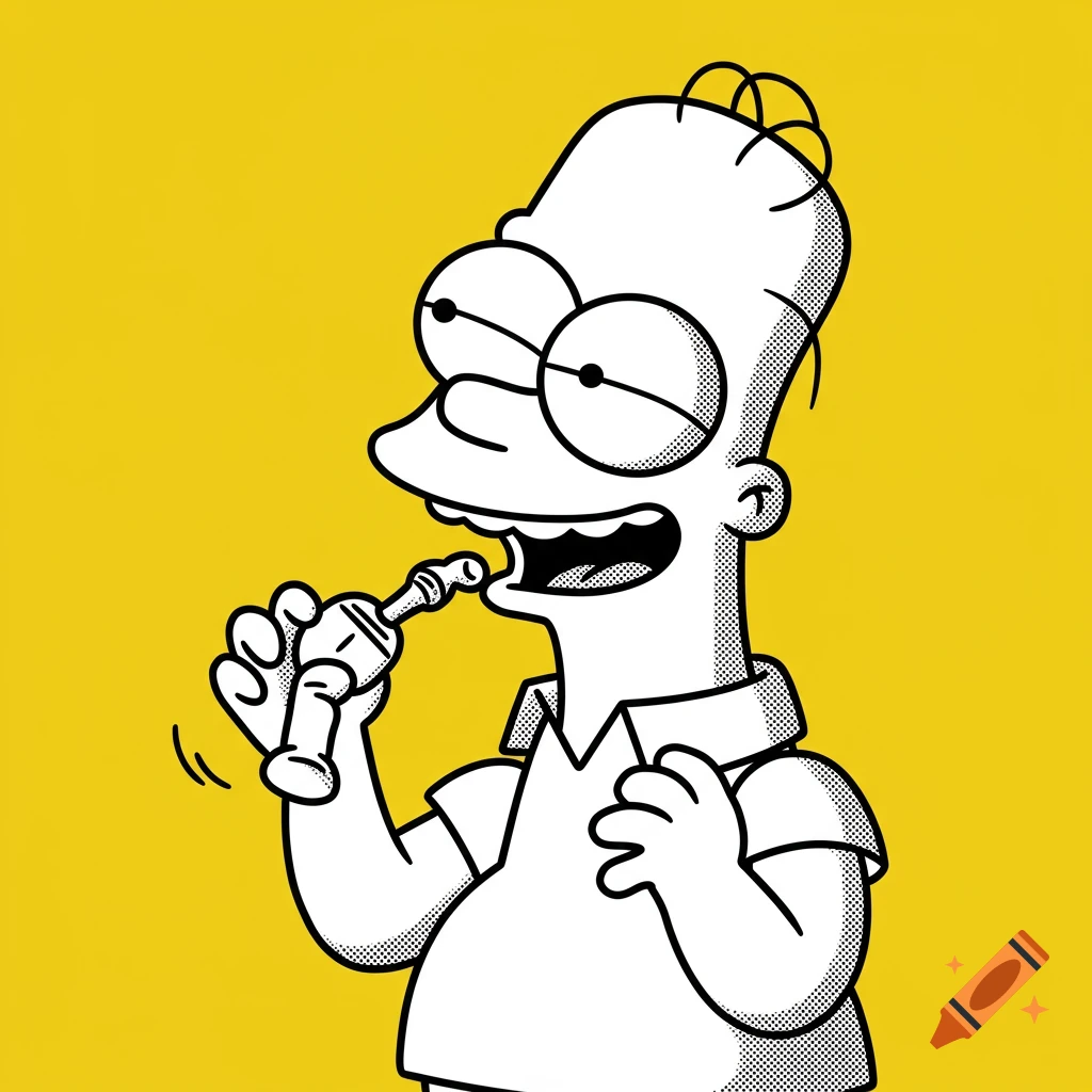 Stylized cartoon character similar to Bart Simpson holding an object to mouth, black and white line art with yellow background.