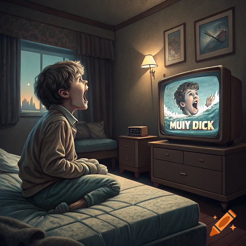 A young boy sits cross-legged on a bed in a dark room, shouting excitedly at an old television showing a person in the ocean and incorrect text.