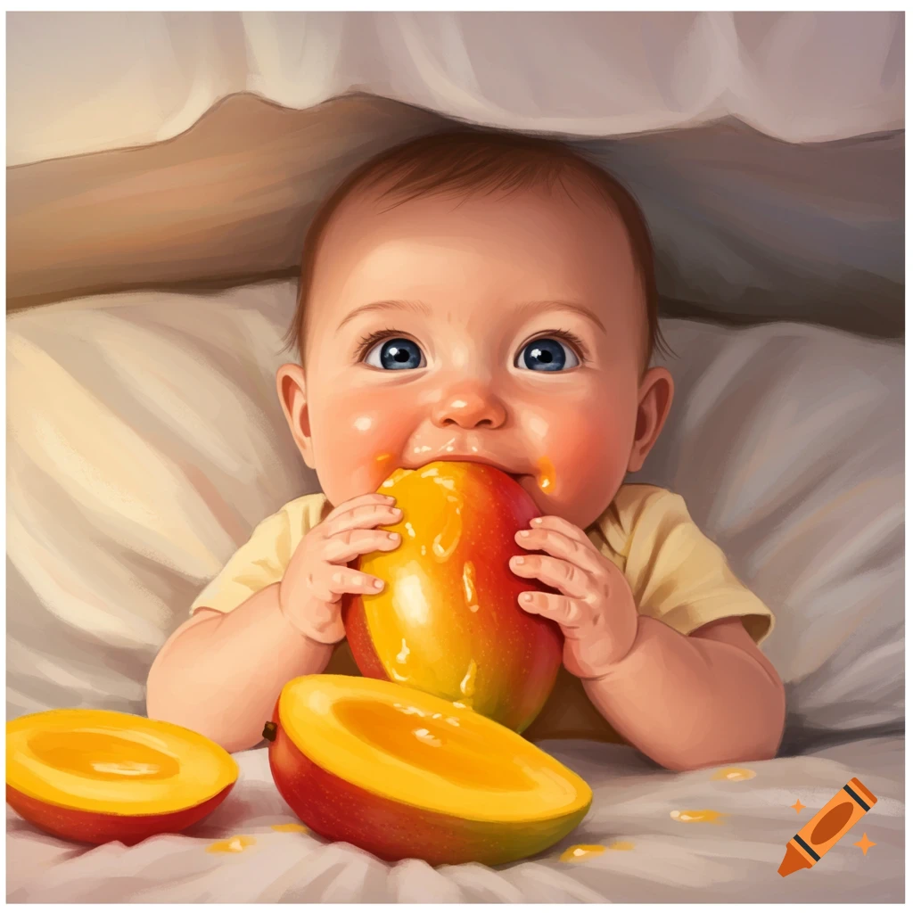 Smiling baby eating a mango.