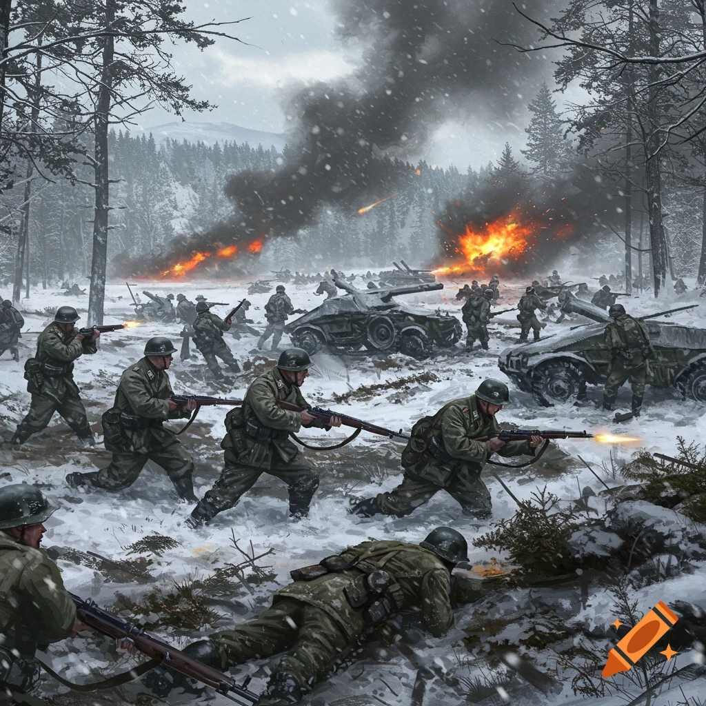 A snowy forest battle rages with soldiers, tanks, and explosions.