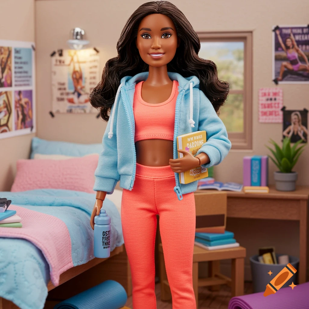 Barbie doll in athleisure holds a book and water bottle in a college dorm room.