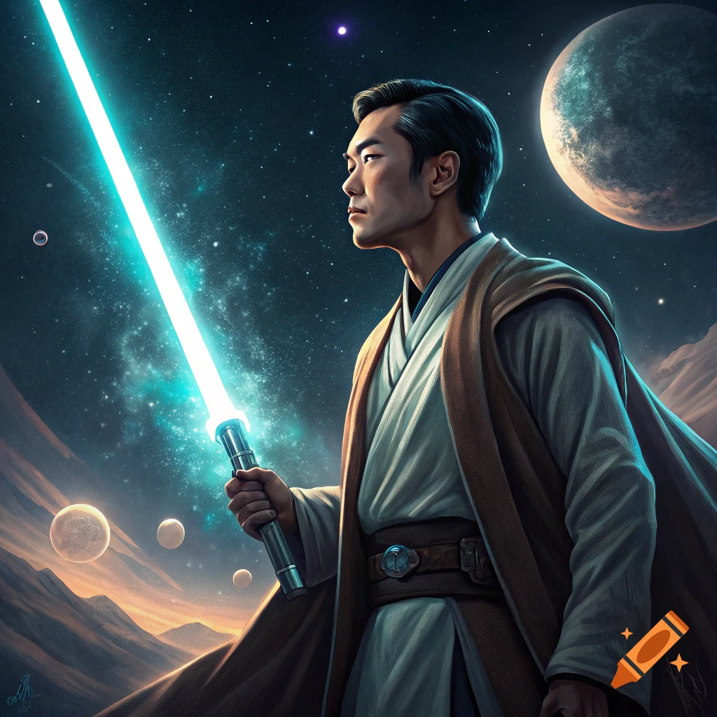 Man in robes holds a glowing lightsaber and looks at planets in a starry sky, digital art.