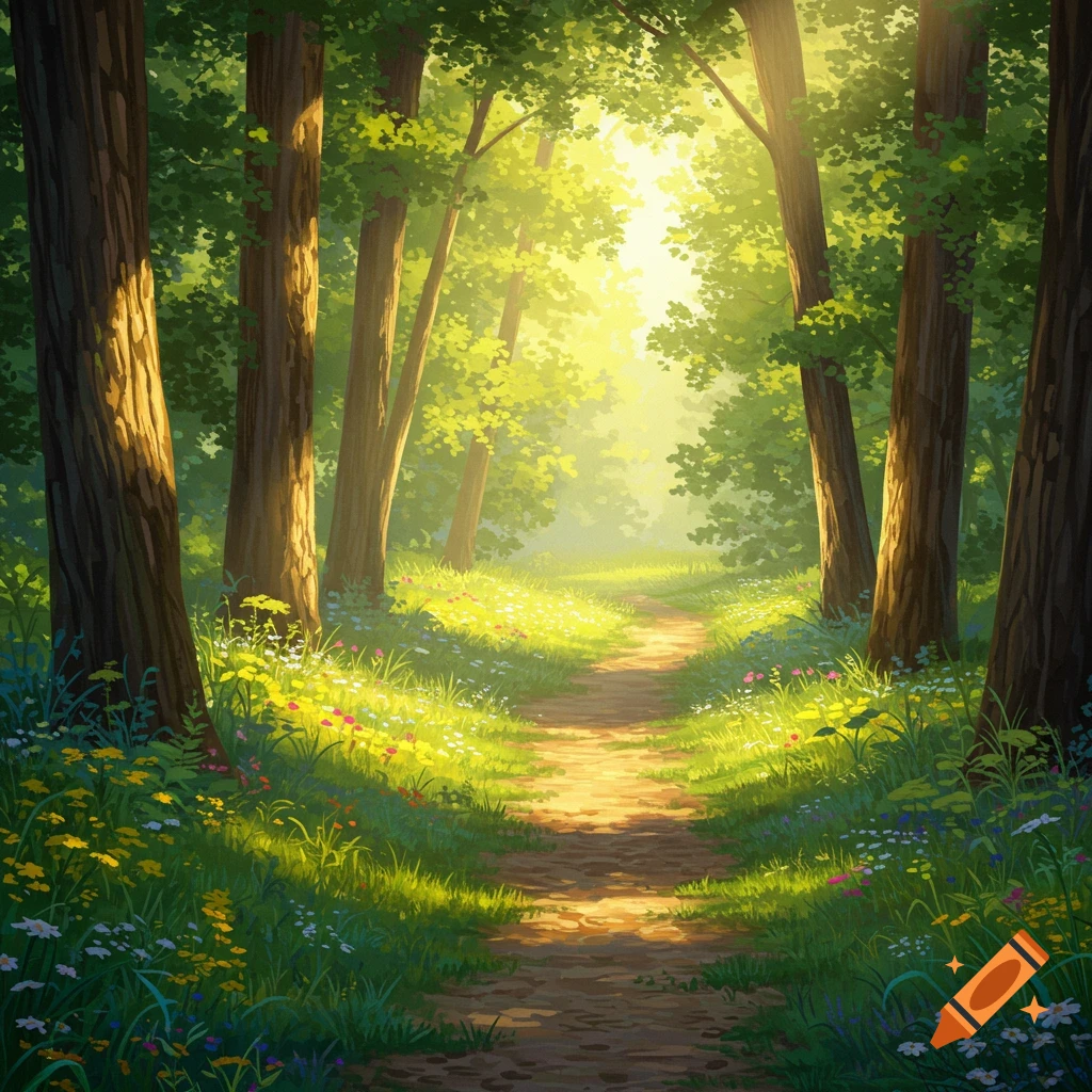 A sunlit path winds through a bright green forest filled with trees and wildflowers.