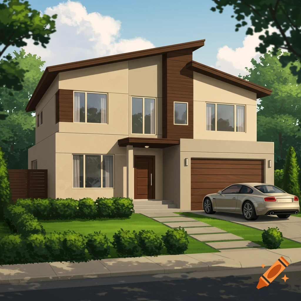A modern suburban house with a beige car in the driveway.