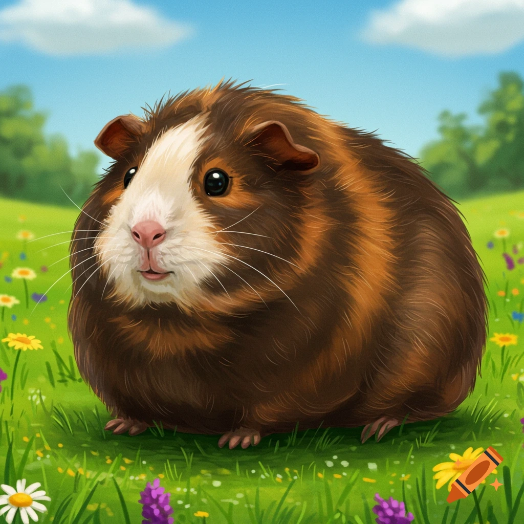 A fat guinea pig in a field of flowers.